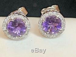 Vintage Estate 14k White Gold Natural Amethyst Diamond Earrings Signed D. D