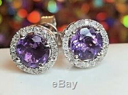 Vintage Estate 14k White Gold Natural Amethyst Diamond Earrings Signed D. D