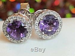 Vintage Estate 14k White Gold Natural Amethyst Diamond Earrings Signed D. D