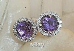 Vintage Estate 14k White Gold Natural Amethyst Diamond Earrings Signed D. D