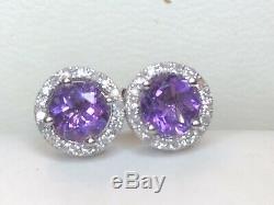 Vintage Estate 14k White Gold Natural Amethyst Diamond Earrings Signed D. D