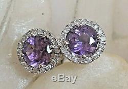 Vintage Estate 14k White Gold Natural Amethyst Diamond Earrings Signed D. D