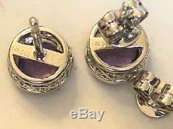 Vintage Estate 14k White Gold Natural Amethyst Diamond Earrings Signed D. D