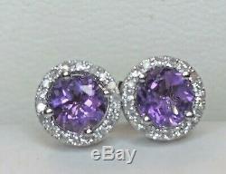 Vintage Estate 14k White Gold Natural Amethyst Diamond Earrings Signed D. D