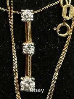 Vintage Estate 14k Yellow Gold Diamond Pendant 3 Linear Signed Chain 20