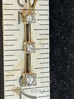 Vintage Estate 14k Yellow Gold Diamond Pendant 3 Linear Signed Chain 20