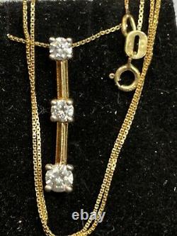 Vintage Estate 14k Yellow Gold Diamond Pendant 3 Linear Signed Chain 20