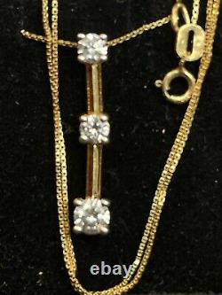Vintage Estate 14k Yellow Gold Diamond Pendant 3 Linear Signed Chain 20
