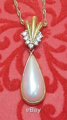 Vintage Estate 18k Gold Mabe Pearl Diamond Pendant Drop Necklace Signed Wedding