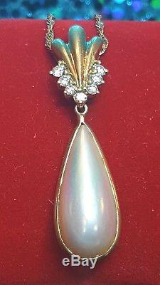 Vintage Estate 18k Gold Mabe Pearl Diamond Pendant Drop Necklace Signed Wedding