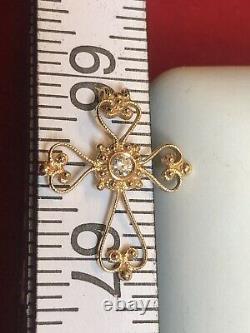 Vintage Estate 18k Gold Natural Diamond Cross Religious Pendant Signed Filigree