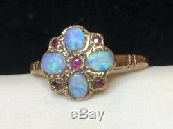Vintage Estate 9k Gold Opal & Ruby Ring Made London Floral Gemstone Signed Hbj