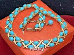 Vintage Estate Designer Signed Trifari Turquoise Cabs Necklace Bamboo