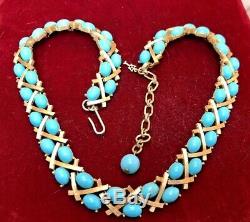 Vintage Estate Designer Signed Trifari Turquoise Cabs Necklace Bamboo