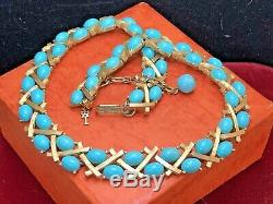 Vintage Estate Designer Signed Trifari Turquoise Cabs Necklace Bamboo