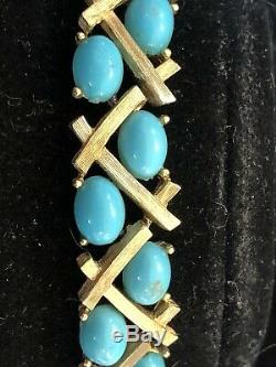 Vintage Estate Designer Signed Trifari Turquoise Cabs Necklace Bamboo