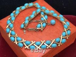 Vintage Estate Designer Signed Trifari Turquoise Cabs Necklace Bamboo