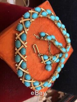 Vintage Estate Designer Signed Trifari Turquoise Cabs Necklace Bamboo