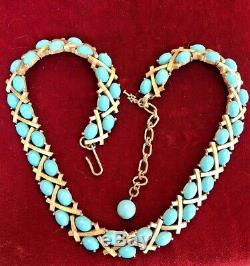 Vintage Estate Designer Signed Trifari Turquoise Cabs Necklace Bamboo