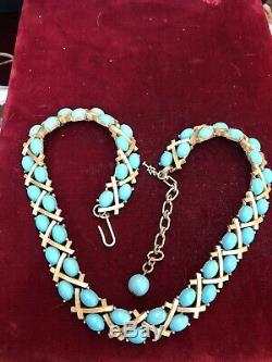 Vintage Estate Designer Signed Trifari Turquoise Cabs Necklace Bamboo