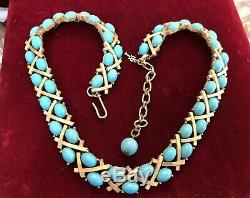 Vintage Estate Designer Signed Trifari Turquoise Cabs Necklace Bamboo