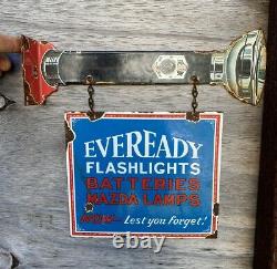 Vintage EveReady Porcelain Flashlight Battery Lamp Gas Oil Metal 11 Flange Sign
