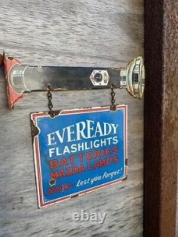 Vintage EveReady Porcelain Flashlight Battery Lamp Gas Oil Metal 11 Flange Sign