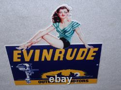 Vintage Evinrude Outboard Boat Motor Woman? 12 Metal Marine Gasoline Oil Sign