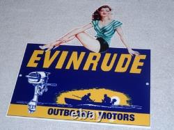 Vintage Evinrude Outboard Boat Motor Woman? 12 Metal Marine Gasoline Oil Sign