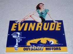Vintage Evinrude Outboard Boat Motor Woman? 12 Metal Marine Gasoline Oil Sign