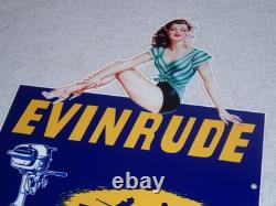 Vintage Evinrude Outboard Boat Motor Woman? 12 Metal Marine Gasoline Oil Sign