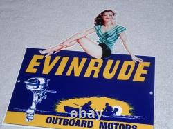 Vintage Evinrude Outboard Boat Motor Woman? 12 Metal Marine Gasoline Oil Sign