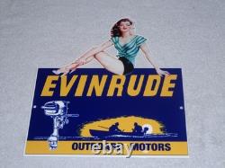 Vintage Evinrude Outboard Boat Motor Woman? 12 Metal Marine Gasoline Oil Sign
