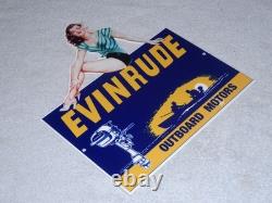 Vintage Evinrude Outboard Boat Motor Woman? 12 Metal Marine Gasoline Oil Sign