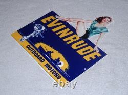 Vintage Evinrude Outboard Boat Motor Woman? 12 Metal Marine Gasoline Oil Sign