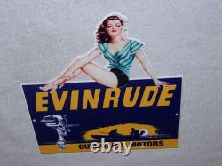 Vintage Evinrude Outboard Boat Motor Woman? 12 Metal Marine Gasoline Oil Sign
