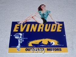 Vintage Evinrude Outboard Boat Motor Woman? 12 Metal Marine Gasoline Oil Sign