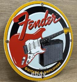 Vintage Fender Guitars Porcelain Stratocaster Sign Sales Service Gas Oil Amp