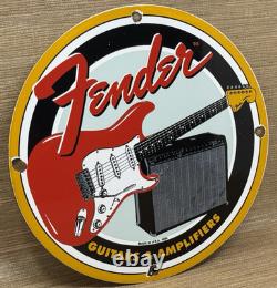 Vintage Fender Guitars Porcelain Stratocaster Sign Sales Service Gas Oil Amp