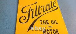 Vintage Filtrate Motor Oil Sign Gasoline Pump Plate Engine Lube Porcelain Sign