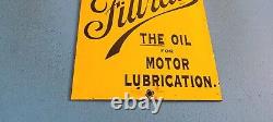 Vintage Filtrate Motor Oil Sign Gasoline Pump Plate Engine Lube Porcelain Sign