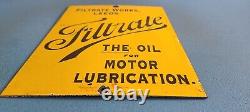 Vintage Filtrate Motor Oil Sign Gasoline Pump Plate Engine Lube Porcelain Sign