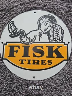 Vintage Fisk Tires Lube Porcelain Sign Sales Dealer Service Station Pump Plate