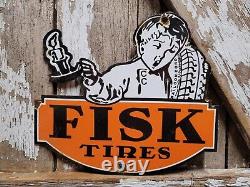 Vintage Fisk Tires Porcelain Sign Automobile Part Garage Gas Station Oil Service