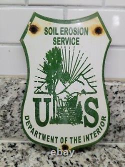 Vintage Forest Shield Porcelain Sign Soil Erosion Dept Interior Gas Oil Service
