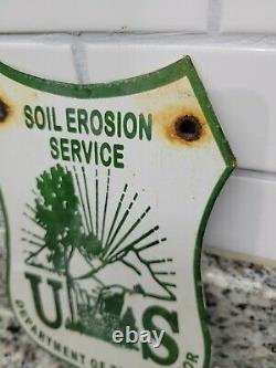 Vintage Forest Shield Porcelain Sign Soil Erosion Dept Interior Gas Oil Service