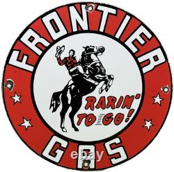 Vintage Frontier Gasoline Porcelain Sign Gas Station Motor Oil Bucking Bronco