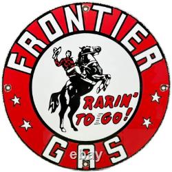 Vintage Frontier Gasoline Porcelain Sign Gas Station Motor Oil Bucking Bronco
