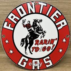 Vintage Frontier Gasoline Porcelain Sign Gas Station Motor Oil Bucking Bronco