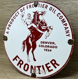 Vintage Frontier Gasoline Porcelain Sign Gas Station Motor Oil Bucking Bronco